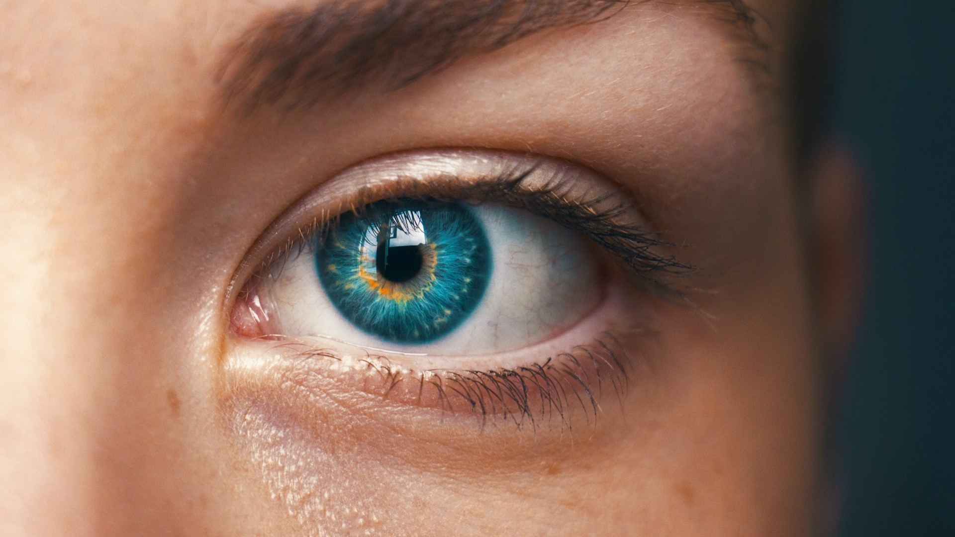 Close-up van een blauw oog met duidelijke irisdetails, passend bij het onderwerp trillend ooglid.