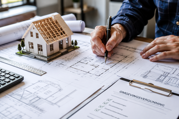Architect werkt aan bouwtekeningen en omgevingsvergunning voor een woningverbouwing met schaalmodel en technische plattegronden op bureau
