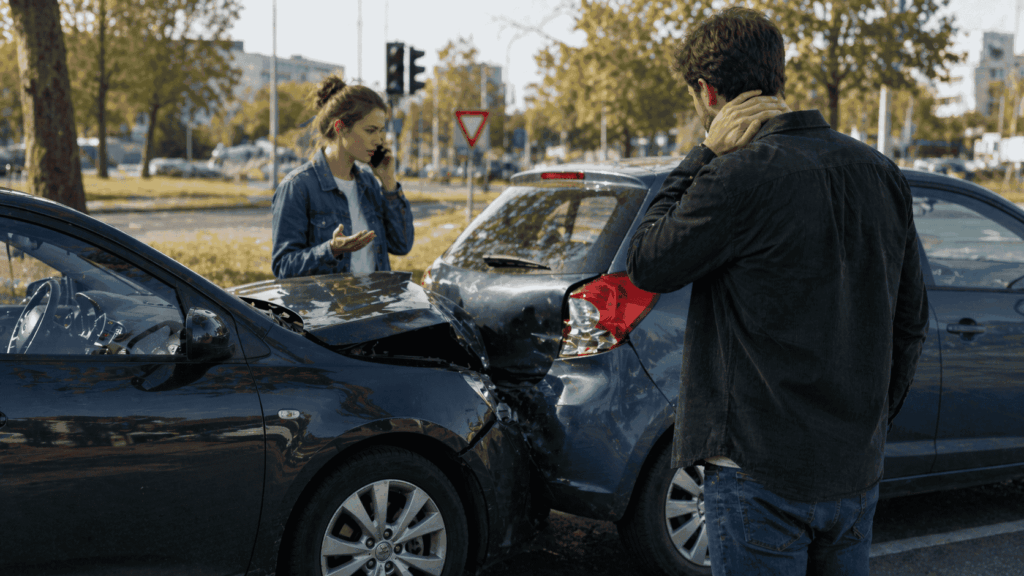 Twee bestuurders bij aanrijding bespreken situatie na schuld vaststellen ongeval met autoschade
