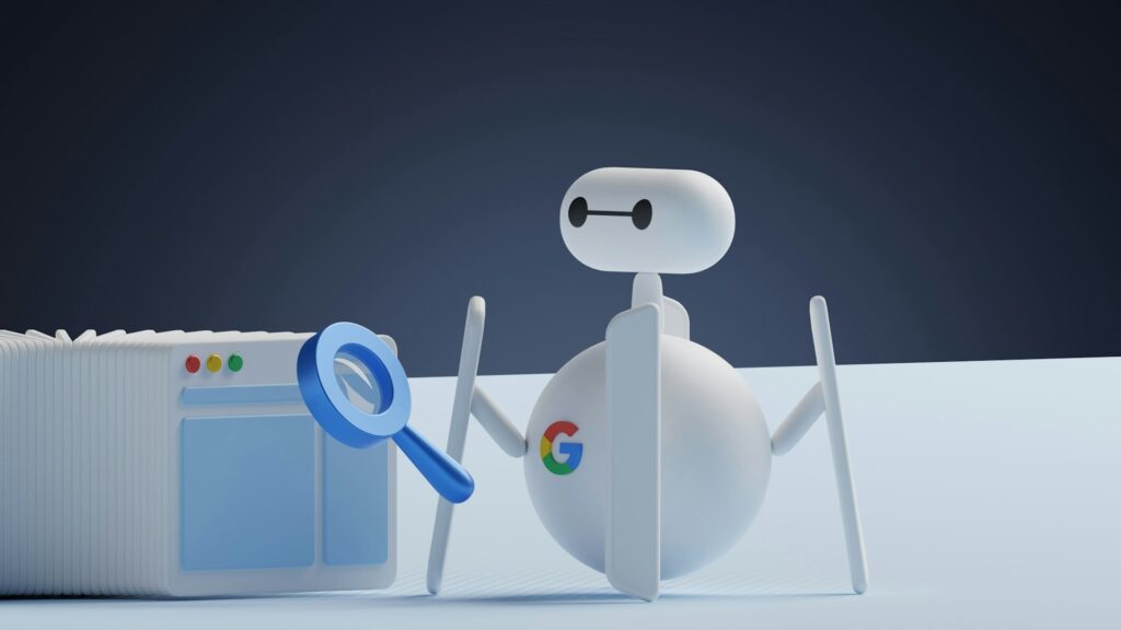 Illustratie van Googlebot met vergrootglas naast website, passend bij zoekmachine optimalisatie specialist