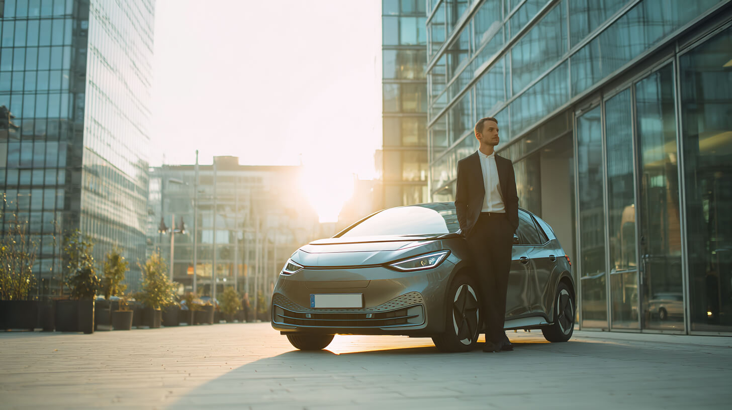 Ondernemer bij moderne elektrische auto voor kantooromgeving met een leaseauto als zakelijke oplossing