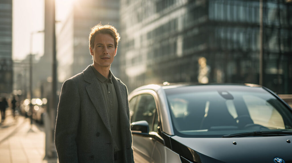 Zelfstandige ondernemer naast een leaseauto in de stad met focus op een leaseauto voor zakelijke mobiliteit