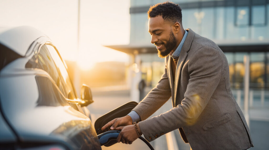 Zelfstandige laadt elektrische auto op en profiteert van de voordelen van een leaseauto voor werkverkeer