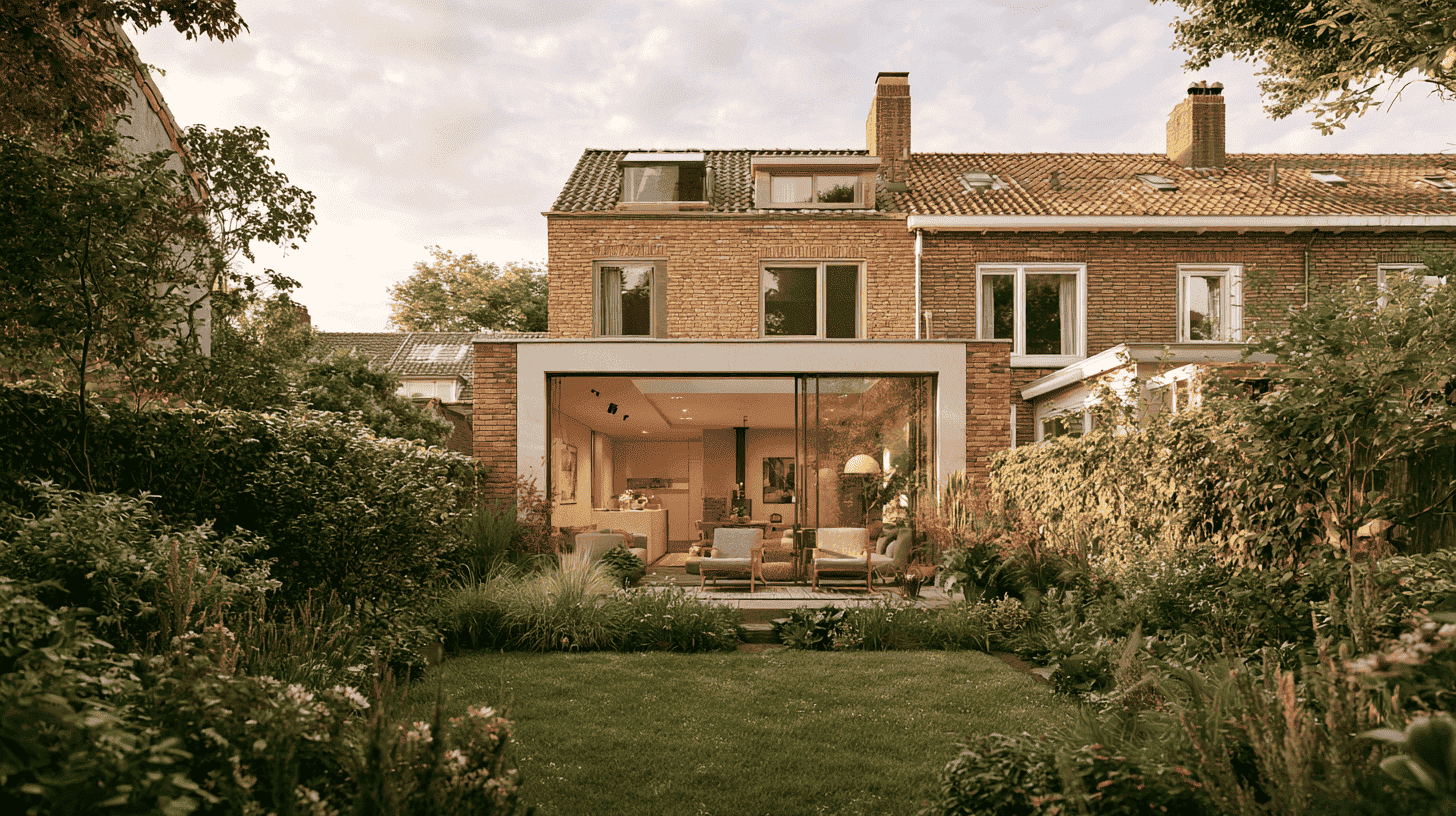 Achterzijde van een rijtjeshuis met een nieuwe aanbouw en tuin