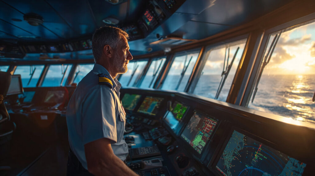 Officier op de brug van een schip gebruikt moderne navigatiesystemen tijdens een maritieme carrière