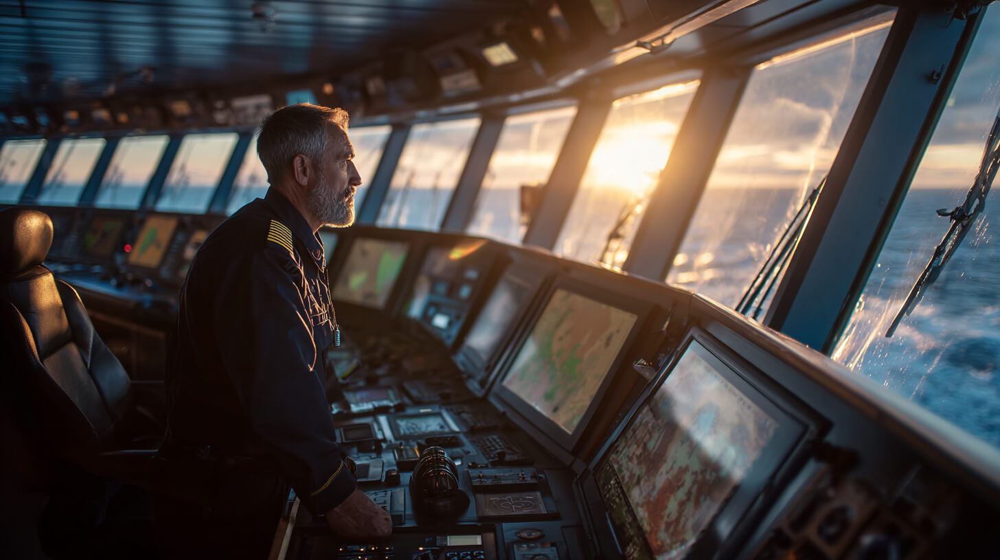 Kapitein navigeert een schip met geavanceerde apparatuur als onderdeel van een maritieme carri&egrave;re