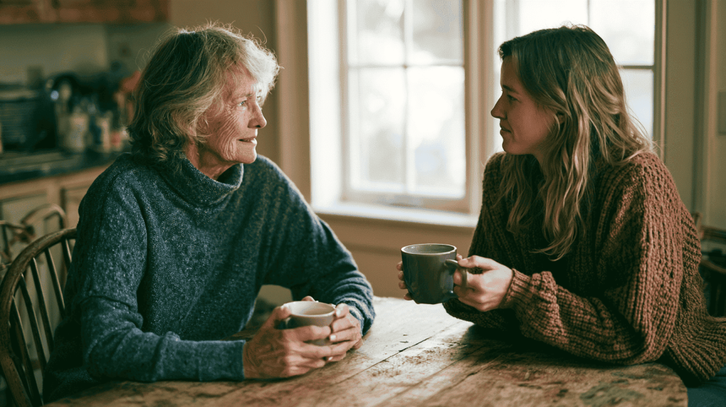 Oudere vrouw en jongere vrouw aan de keukentafel met een kop thee