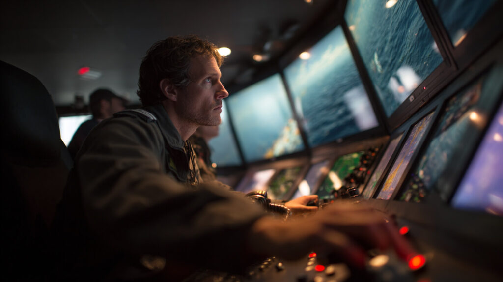 Maritieme professional werkt met digitale systemen op de brug tijdens een maritieme carrière
