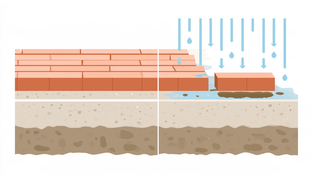 Dwarsdoorsnede van bestrating waarbij regenwater het zand onder de stenen wegspoelt en één steen zakt