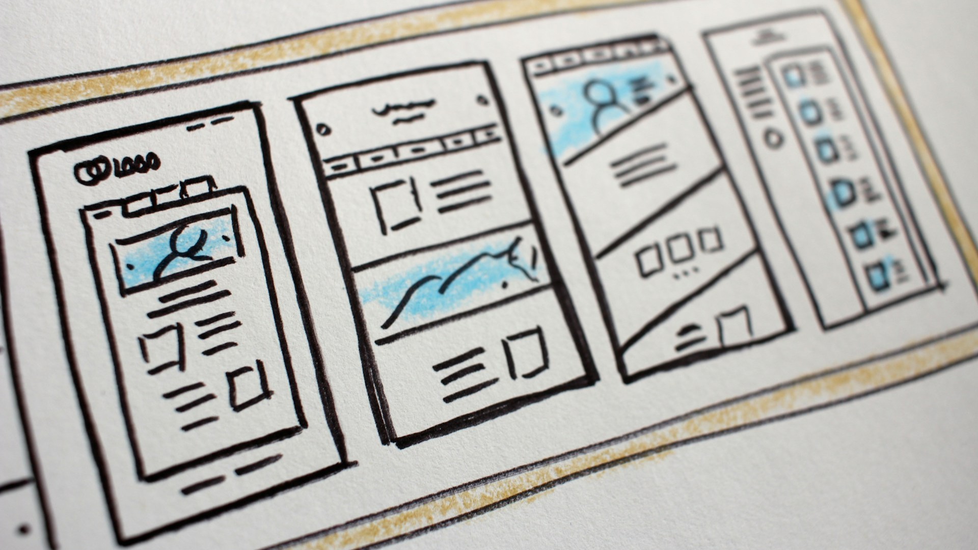 Schets van een goedkope website met eenvoudige wireframes en pagina-indeling, zonder maatwerk of uitgebreide functionaliteit